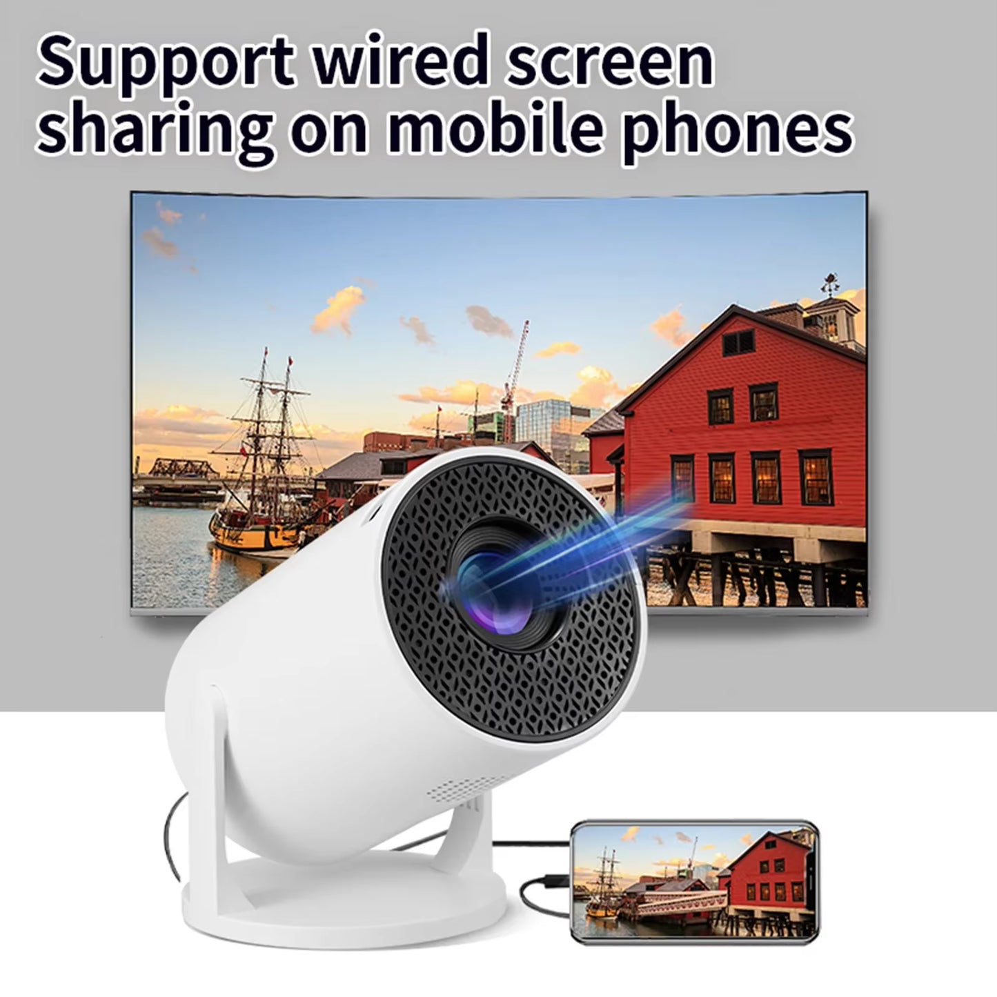 Projector White Wireless Fidelity 270° Adjustable LED 1080P Portable Movie Projector for Android Phone USB TV Stick Laptop